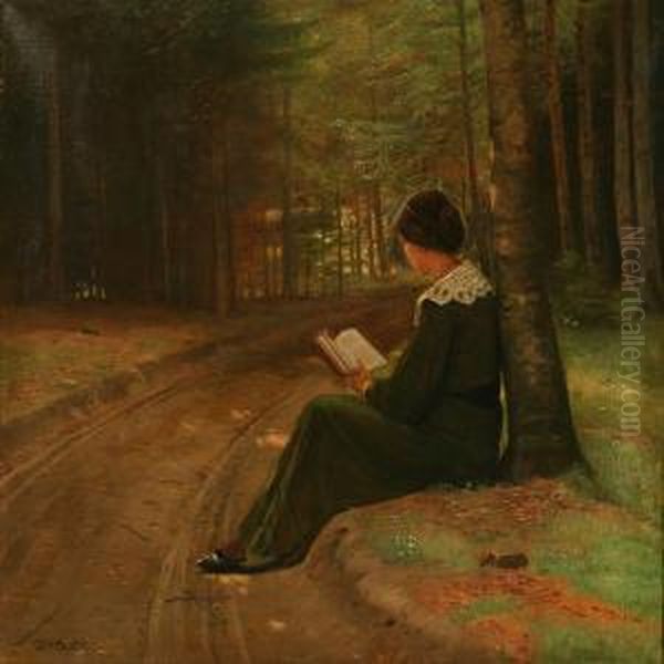 A Woman Reading In A Forest - view 1