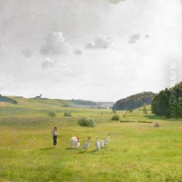 Boy Herding Geese In The Elbo Valley, Vejle - view 1