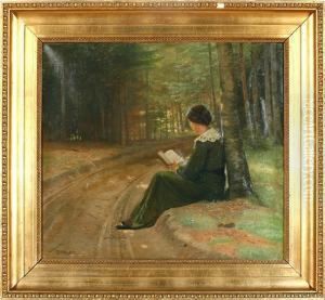 A Reading Girl By A Forest Road by Otto Haslund