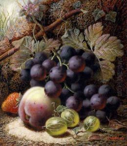 Still Life with Black Grapes, a Strawberry, a Peach and Gooseberries on a Mossy Bank by Oliver Clare