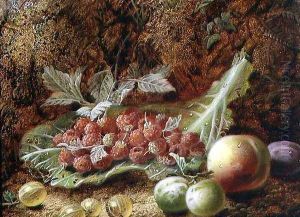 Still life of raspberries, gooseberries, peach and plums on a mossy bank by Oliver Clare