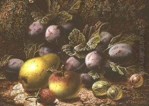 Still Life with Plums, Gooseberries, Apple, Pear and Strawberry by Oliver Clare