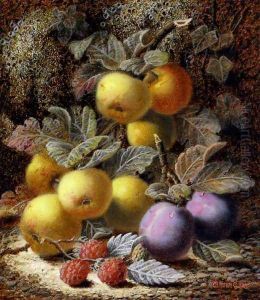 Still Life with Apples, Plums and Raspberries on a Mossy Bank by Oliver Clare