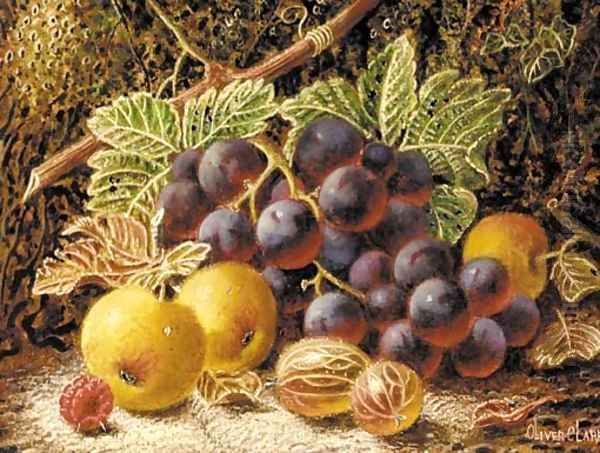 Grapes, apples, gooseberries and a raspberry on a mossy bank - view 1