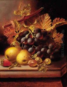 Grapes, apples, gooseberries, and a strawberry on a ledge by Oliver Clare