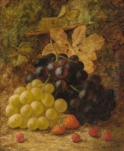 Grapes, raspberries, and strawberries, on a mossy bank by Oliver Clare