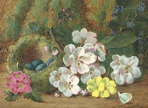 Apple blossom, primroses and a bird's nest with eggs, on a mossy bank by Oliver Clare