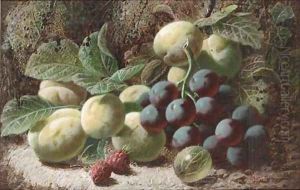 Grapes, greengages, raspberries, and a gooseberry, on a mossy bank