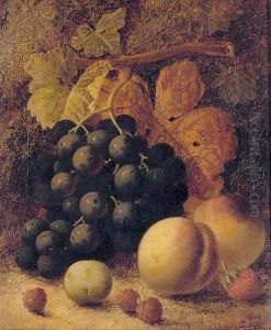 Grapes, peaches, raspberries, a greengage and a strawberry, on a mossy bank