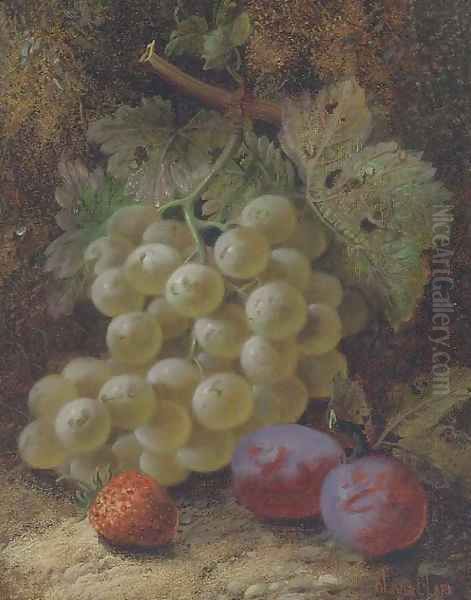 Grapes, plums and a strawberry on a mossy bank - view 1