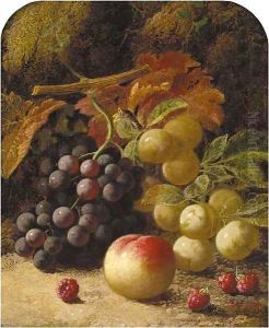 Greengages, grapes, raspberries and a peach, on a mossy bank