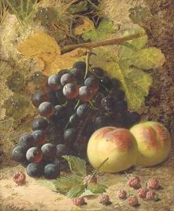 Peaches, grapes and raspberries on a mossy bank