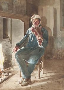 Un Homme Assis Jouant Du Violon Devant Une Cheminee by Antoinette Cecile Hortense Lescot Haudebourt