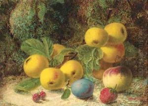 Apples, a peach, a plum and a strawberry, on a mossy bank