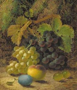 Grapes, gooseberries, a plum and a peach on a mossy bank