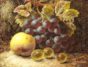 Grapes, gooseberries, and an apple, on a mossy bank