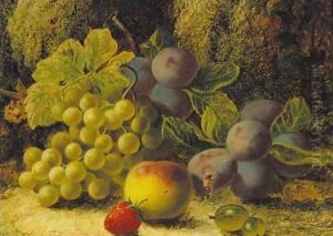 Grapes, plums, gooseberries, a peach, and a strawberry on a mossy bank