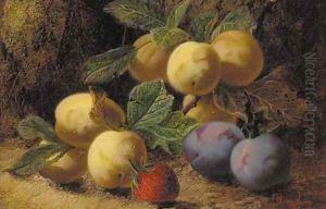 Plums and a strawberry on a mossy bank