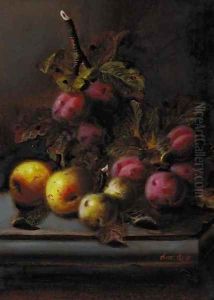 Plums and apples on a ledge
