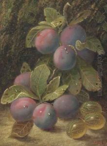 Plums and gooseberries on a mossy bank