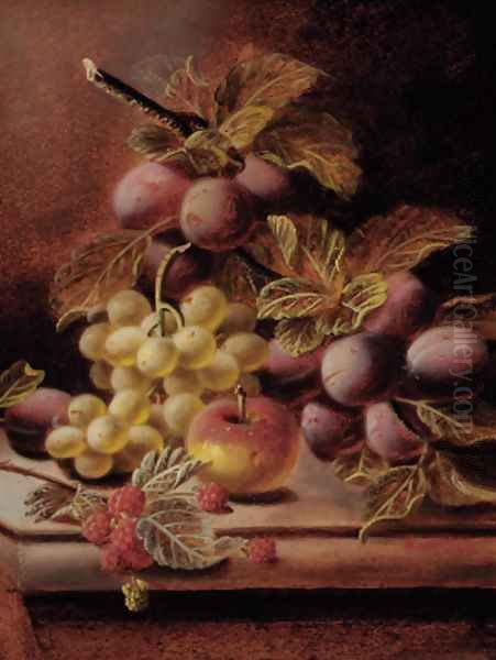 Plums, raspberries, grapes, and an apple on a ledge - view 1