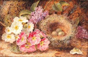 Primroses, Primulas, a Bird's Nest with Eggs, on a mossy Bank