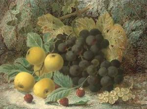 Raspberries, gooseberries, plums and grapes on a mossy bank