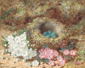 Still life of apple blossom and a bird's nest on a mossy bank by Oliver Clare