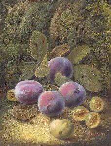 Still life of plums and gooseberries on a mossy bank