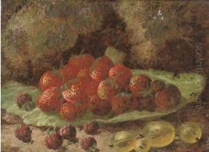 Strawberries, raspberries and gooseberries on a mossy bank