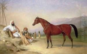 Two Bedouin with a Bay Arab Stallion in the Desert, 1860 by Abraham Cooper