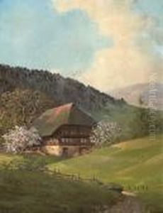 In Fruhlingshafter Schwarzwaldlandschaft Von Bluhenden Baumen Flankiertes Bauernhaus by Karl Hauptmann