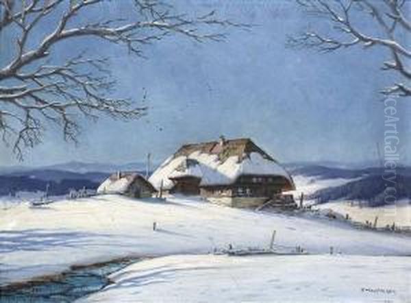 Hauptmann, Karl. Wintry Landscape With A Barnyard In The Black Forest - view 1