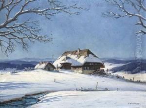 Hauptmann, Karl. Wintry Landscape With A Barnyard In The Black Forest