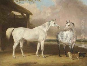 Hunters And Terriers By A Barn, In A River Landscape