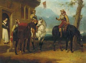 Two mounted cavaliers and another drinking ale outside an inn by Abraham Cooper