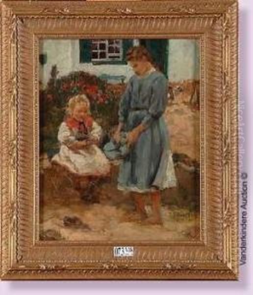 Jeune Fille Et Fillette Dans La Cour - view 1