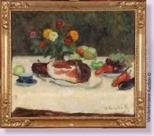 Nature Morte Au Jambon, Aux Fleurs Et Aux Fruits by Gaston Haustrate