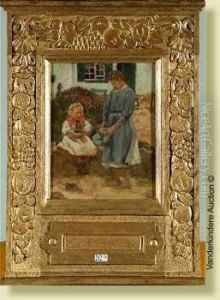 Fillettes Dans La Cour De La Ferme by Gaston Haustrate