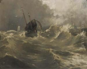 Sailing Vessels On A Rough Sea By A Pier