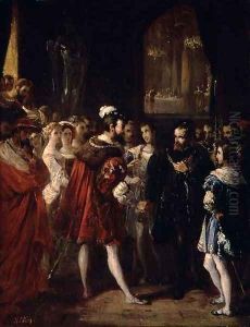 Charles V (1500-58) received by Francis I (1494-1547) at the Louvre, c.1843 by Alexandre-Marie Colin
