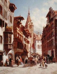 Figures on the Street in Zug, Switzerland, 1880 by Jacques Carabain