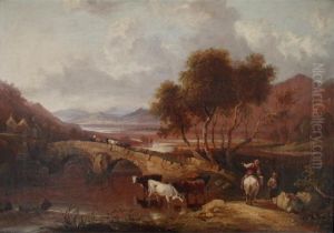 Country Landscape With Figures And Cattle By A Stone Bridge