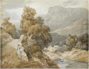 A Fisherman And Two Ladies In A Mountainous Landscape