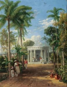An Indian Garden Scene With European And Indian Figures By Aclassical Mausoleum