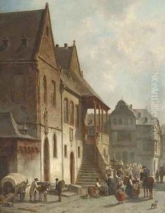 Figures conversing by the town hall of Goslar, Germany by Jacques Carabain