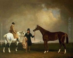 Mr Sadlers Decisive held by his Trainer with the jockey John Day Jnr, Stockbridge Racecourse, 1843 by George Cole, Snr.