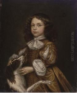 Portrait Of A Boy, Half-length, In A Brown Dress And His Spaniel By His Side