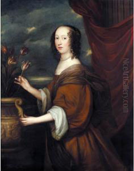 Portrait Of Lady Ingleby,
Three-quarter Length, Standing Beside An Urn Of Tulips, Wearing A Brown
Dress And A Pearl Necklace - view 1