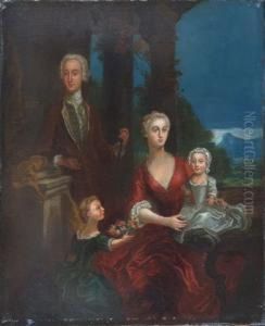 Portrait Of A Family Seated On A Terrace With Hills In The Distance